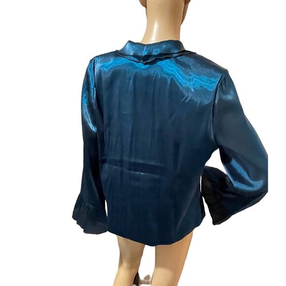 Another Thyme Turquoise Elegant Vintage Inspired Blouse Size 16 Ruffled Satin - Picture 4 of 10